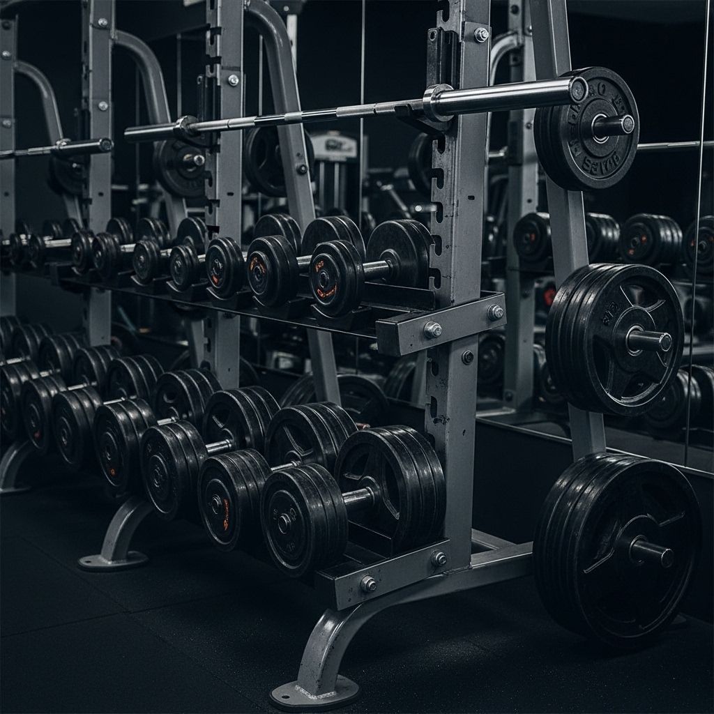 Profesjonalna siłownia z rzędem sztang i wolnych ciężarów ustawionych na stalowych stojakach, dramatyczne tylne oświetlenie tworzy kontrast między metalem a ciemnym tłem, tekstura gumy i stali