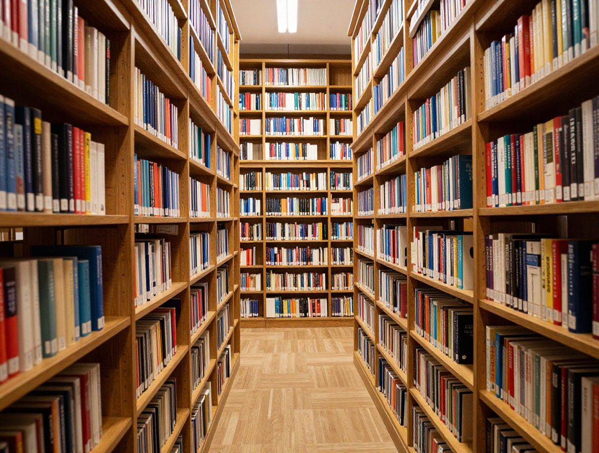 Abstrakcyjne ujęcie biblioteki z widocznymi książkami i światłem przebijającym się między półkami