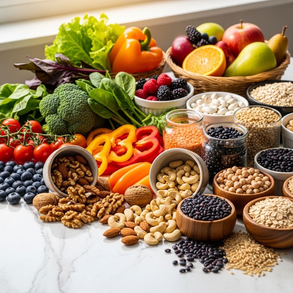 Różnorodne produkty spożywcze bogate w składniki odżywcze ułożone na białym marmurowym blacie: orzechy, warzywa, owoce, strączki i pełnoziarniste produkty zbożowe w ciepłym naturalnym świetle