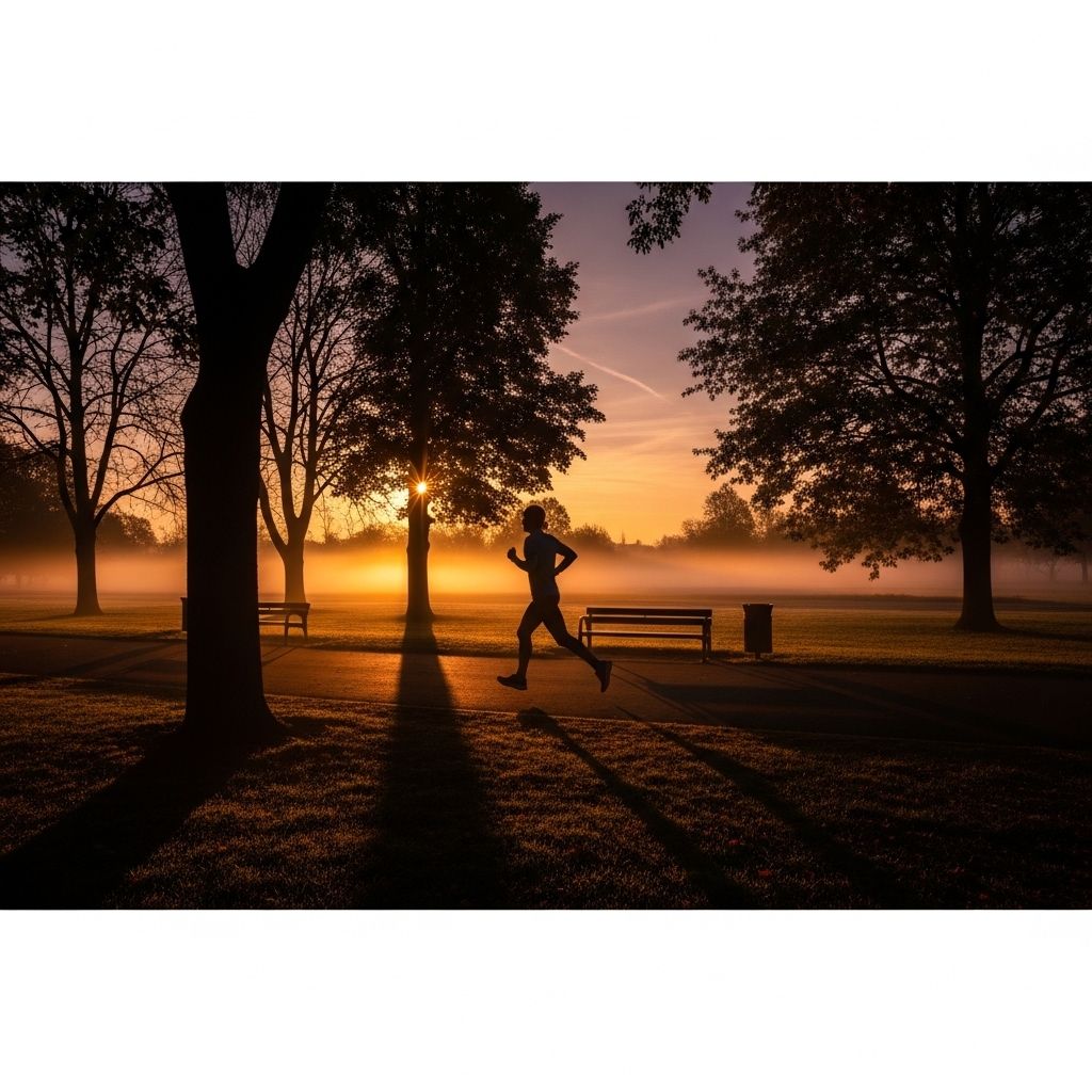 Dynamiczne ujęcie osoby biegnącej o świcie wzdłuż parku w Warszawie, dramatyczne złociste światło wschodzącej chwyta sylwetkę biegacza, głębokie cienie podkreślają ruch i determinację, tonacja filmowa