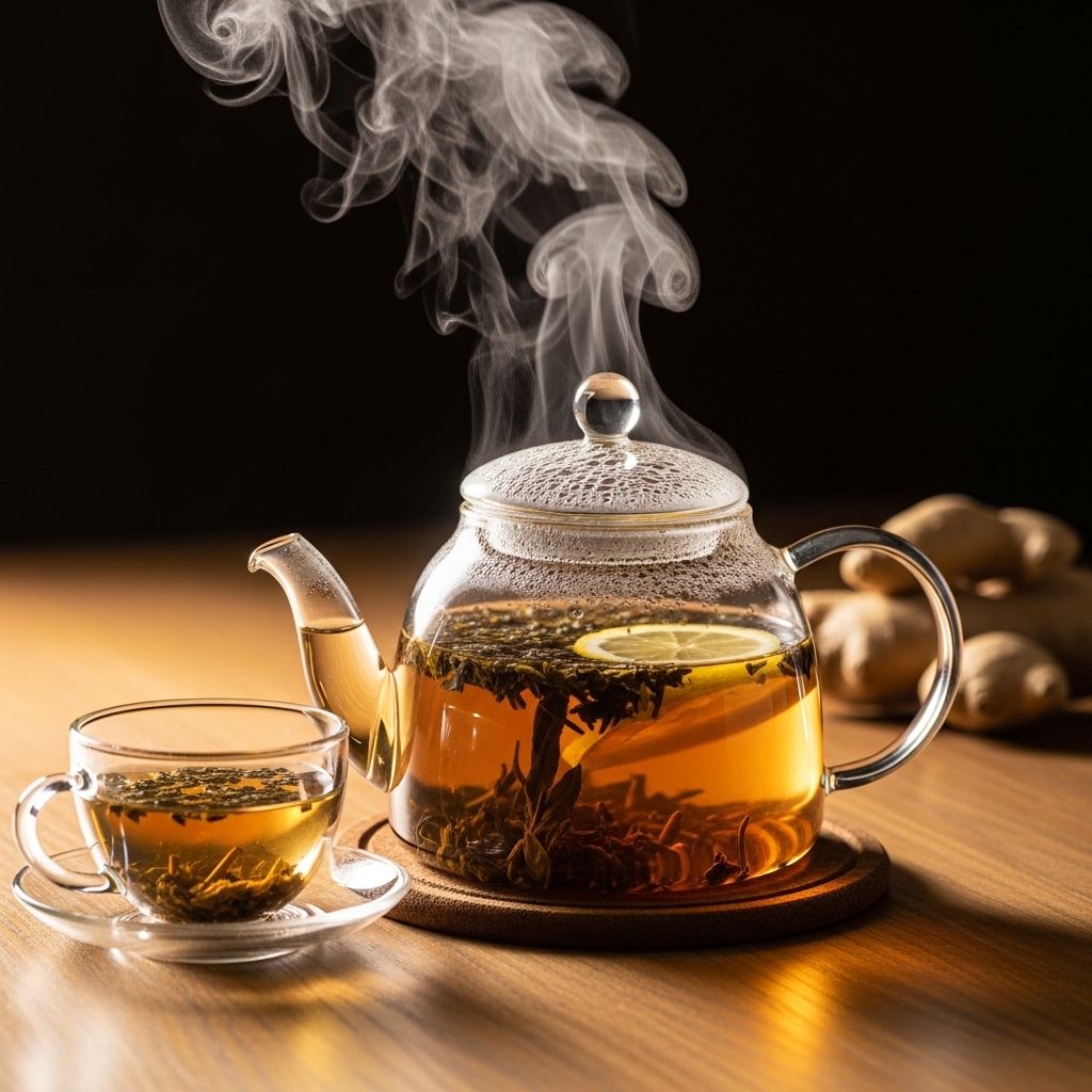 Zaparzone napary z ziół i ginger lemon tea w przezroczystym szklanym czajniku na naturalnym drewnianym stole, para unosząca się z ciepłego naparu, ciepłe boczne oświetlenie podkreśla przezroczystość szkła i teksturę drewna