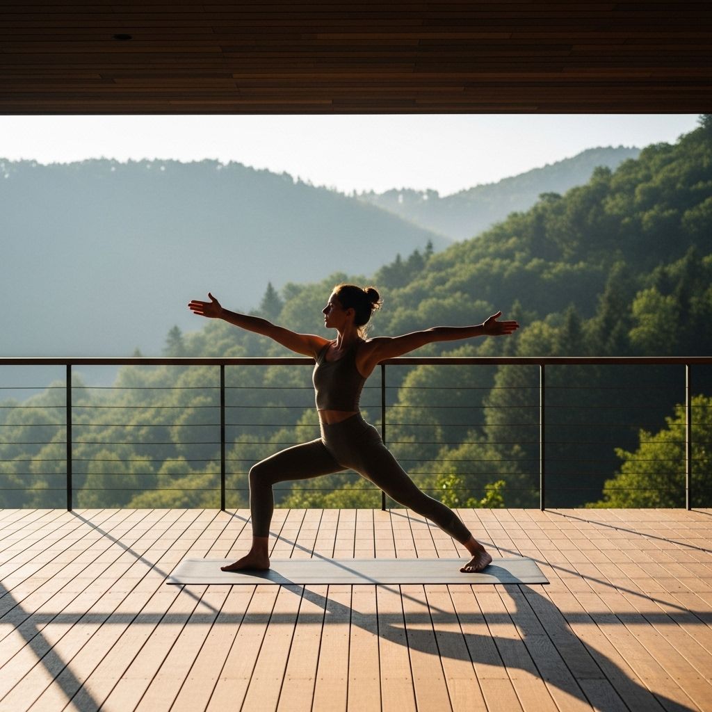 Spokojna scena porannej jogi na otwartym tarasie z widokiem na zieloną okolicę – ćwicząca osoba w pozycji wojownika, złote światło wczesnego ranka, drewniana podłoga tarasu i otoczenie natury