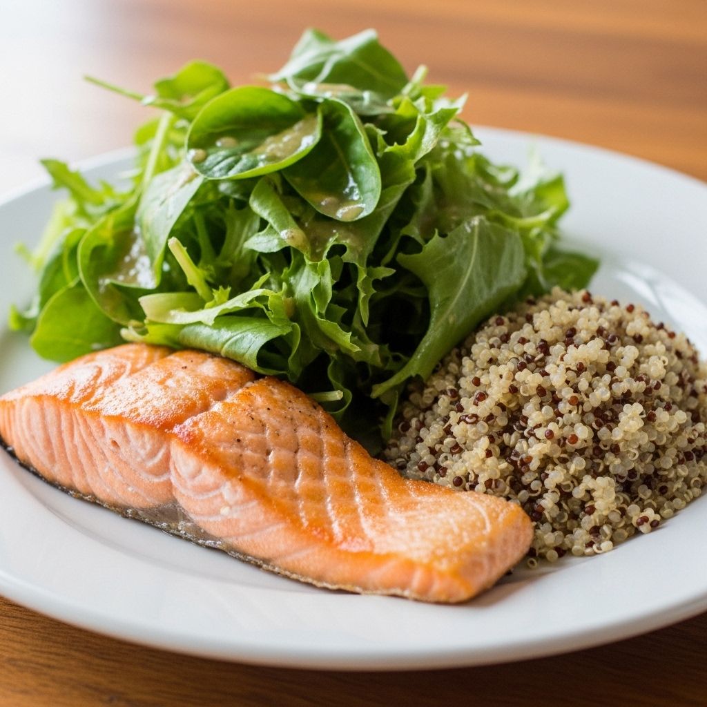 Zbliżenie na starannie ułożony talerz ze zbilansowanym posiłkiem – świeże warzywa liściaste, filet z łososia i quinoa, naturalne oświetlenie z boku podkreśla tekstury jedzenia, ceramiczny biały talerz na drewnianym stole