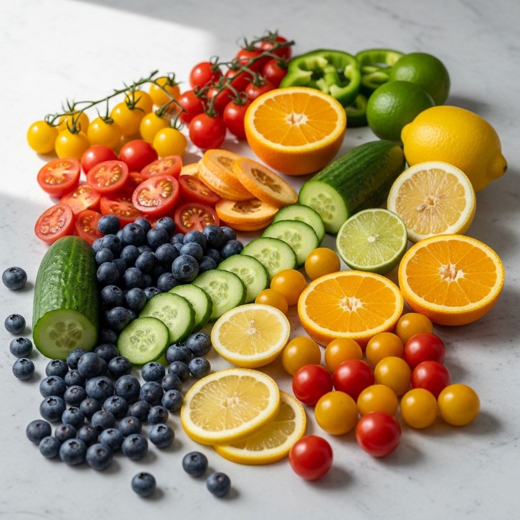 Świeże owoce i warzywa rozłożone na jasnym marmurowym blacie w naturalnym świetle – różnorodne kolory pomidorów, ogórków, borówek i cytrusów, kompozycja inspirowana fotografią kulinarną